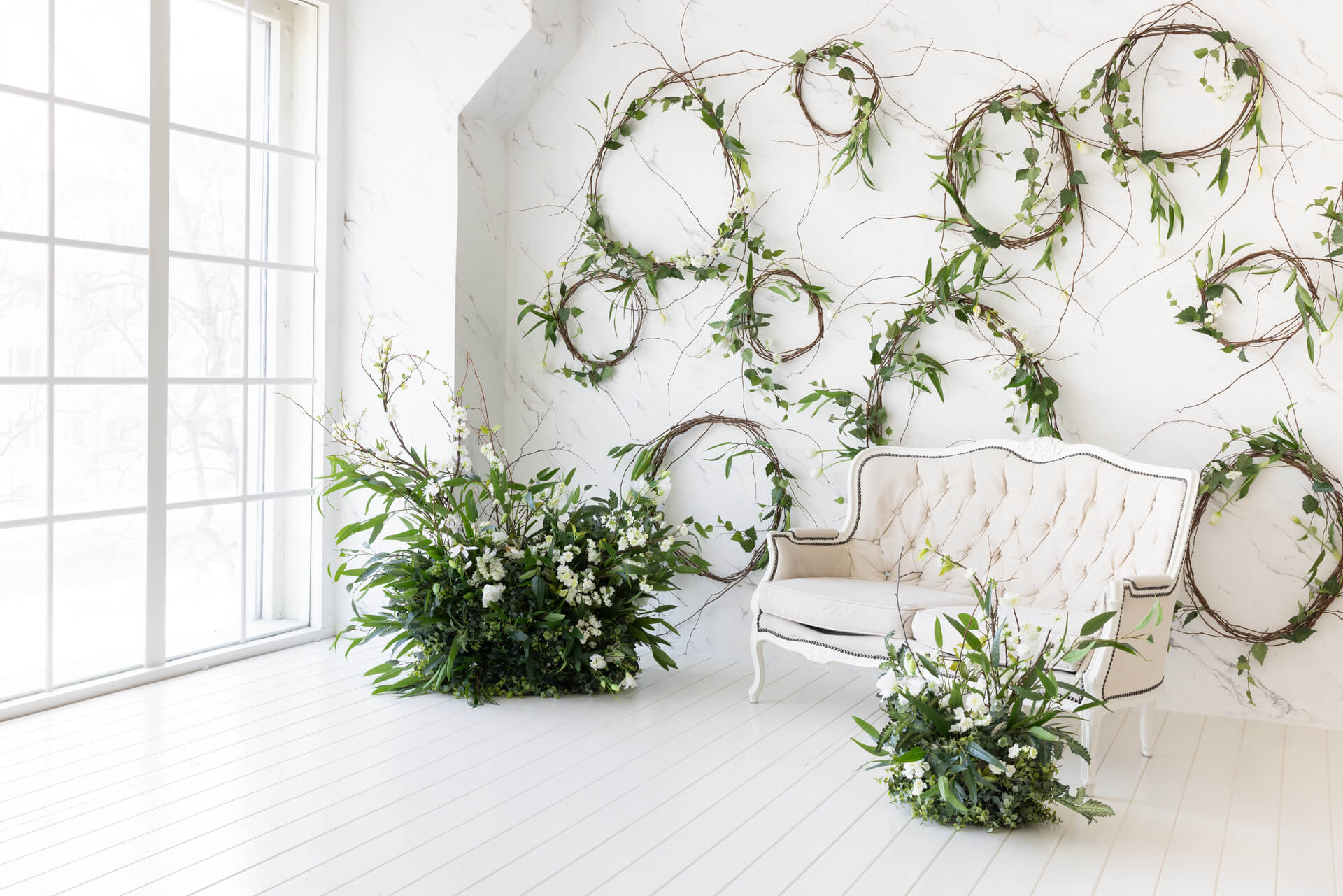 Scandinavian light wall and wooden floor with tons of natural light